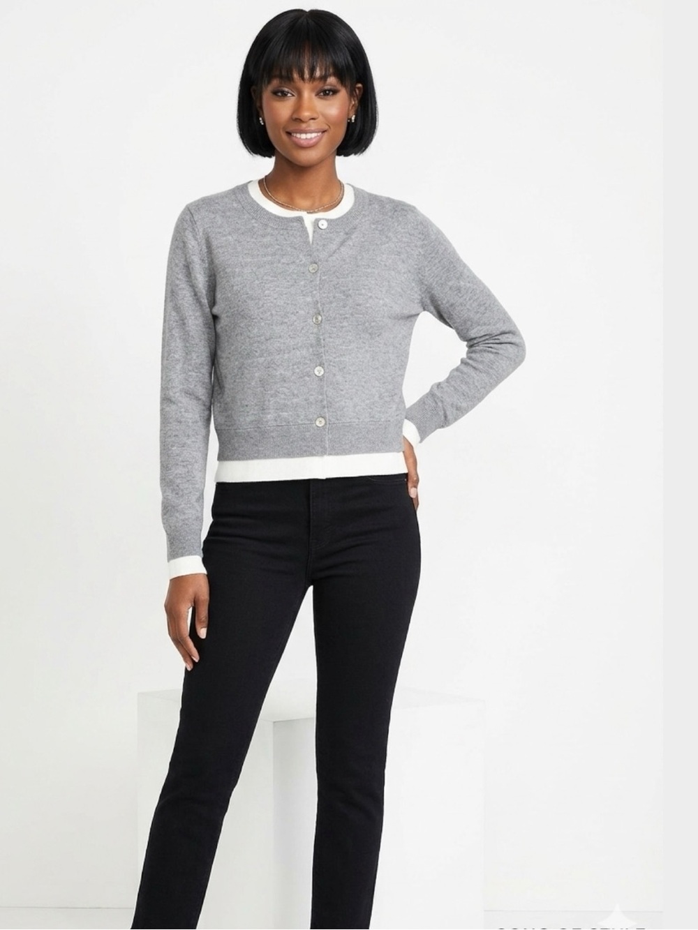 Revolve Song of Style by Aimee Song Gray Crewneck Cardigan with White Trim